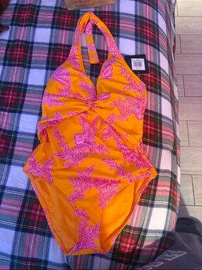 NWT ELLEN TRACY Orange & Pink Halter One-Piece Swimsuit